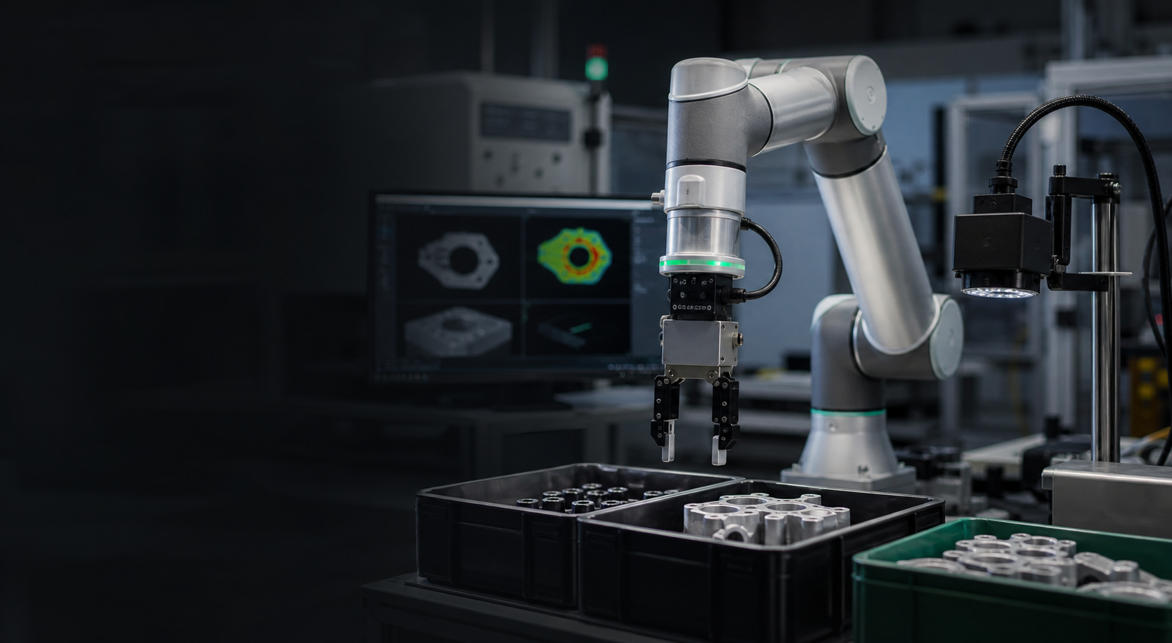 Industrial robot workcell with a camera and parts for computer vision automation